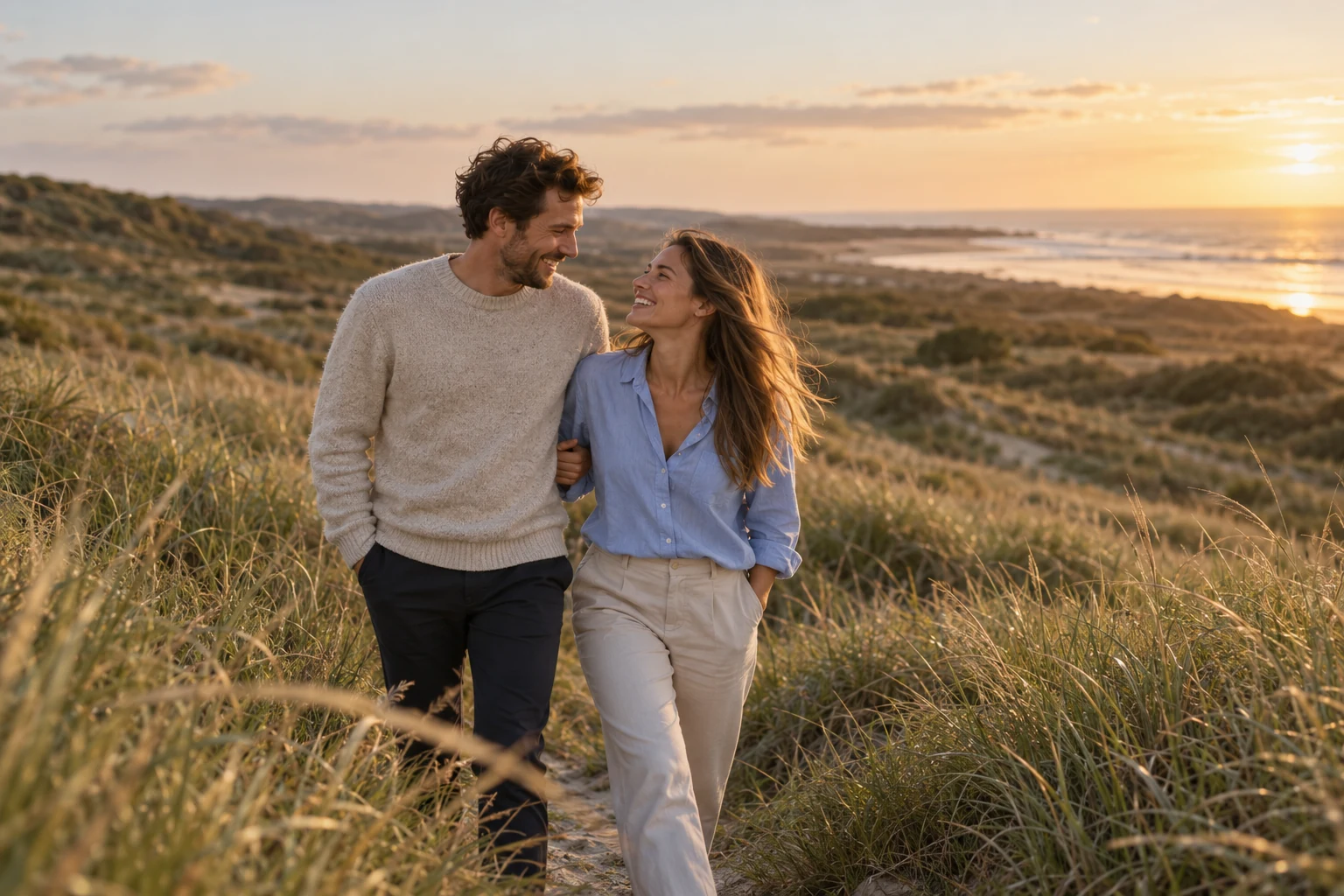 Couple laughing during a portrait session in the dunes at sunset