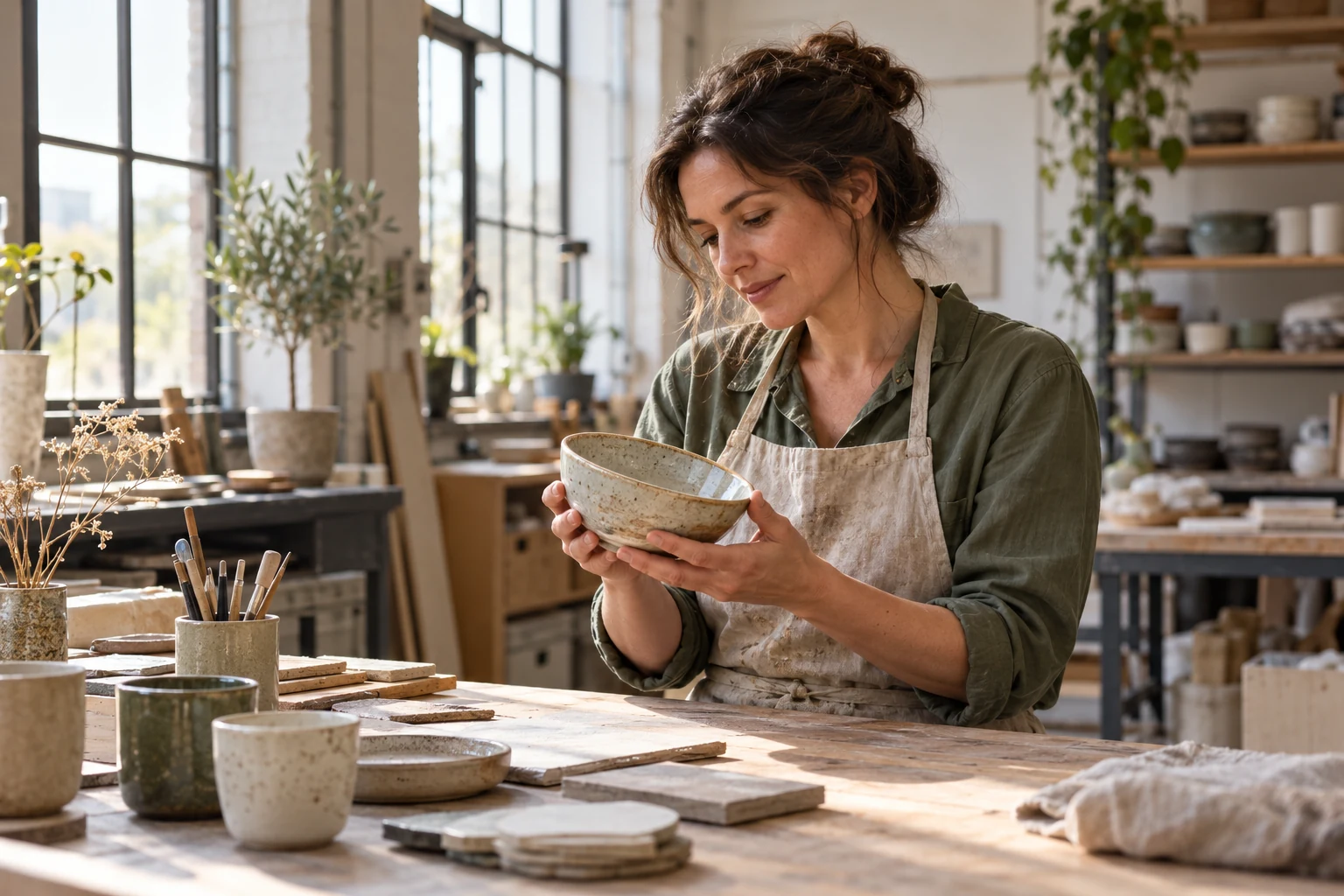 Ceramic artist holding a handmade bowl at her studio workbench
